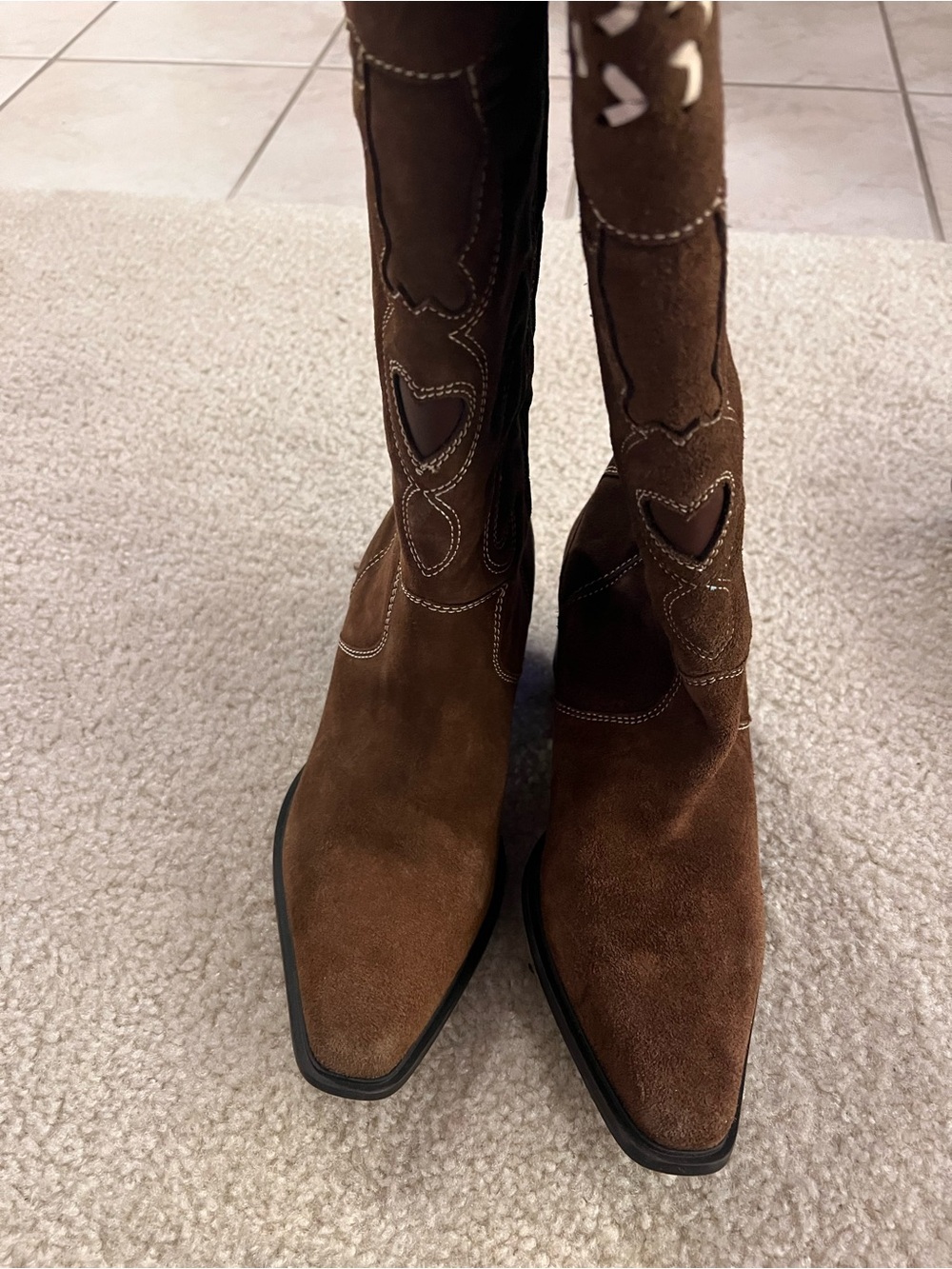 Zara Brown Suede Western Mid-Calf Boots - Women - Picture 3 of 4